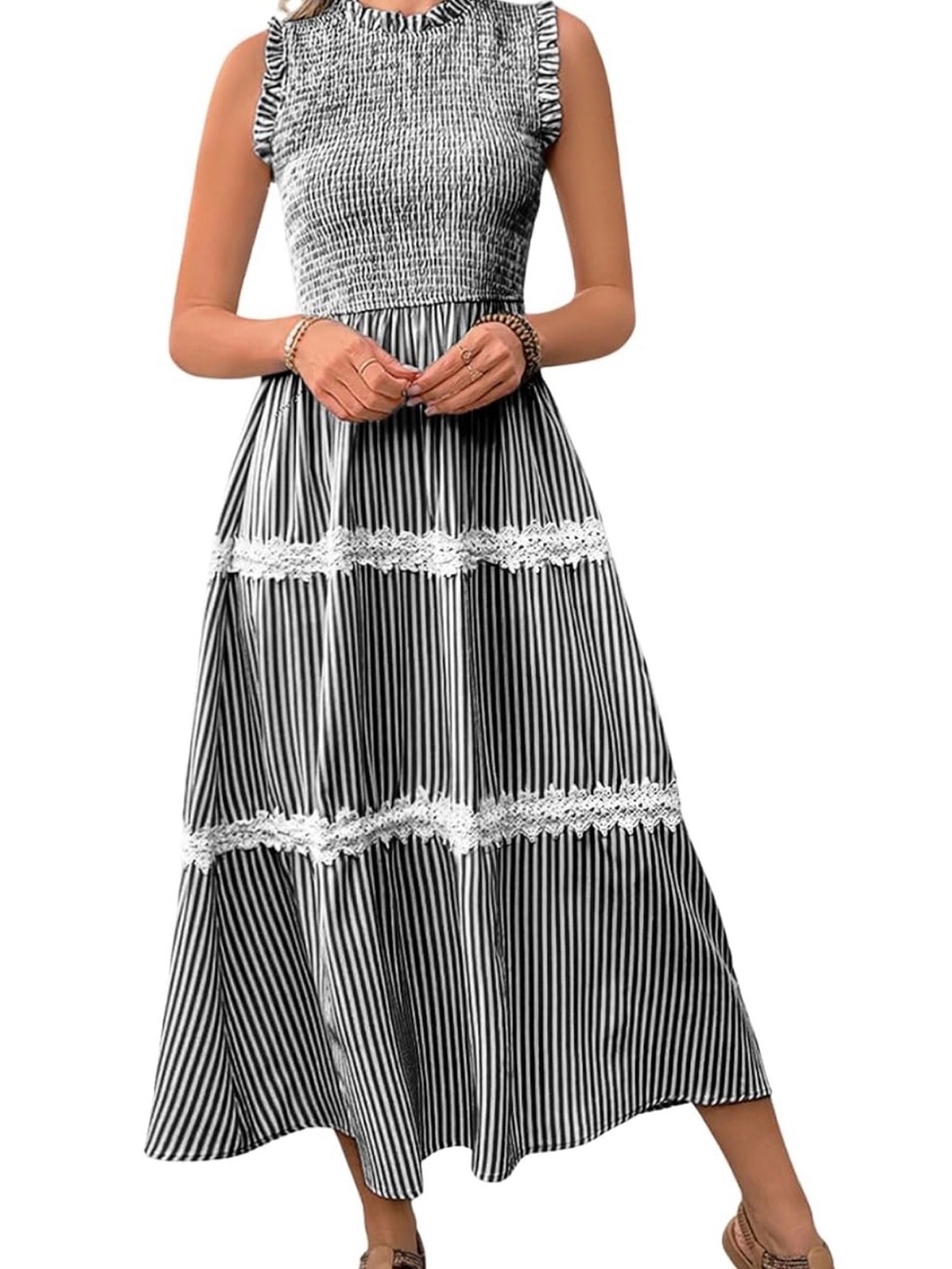 Sleeveless Black & White Striped Tiered Maxi Dress